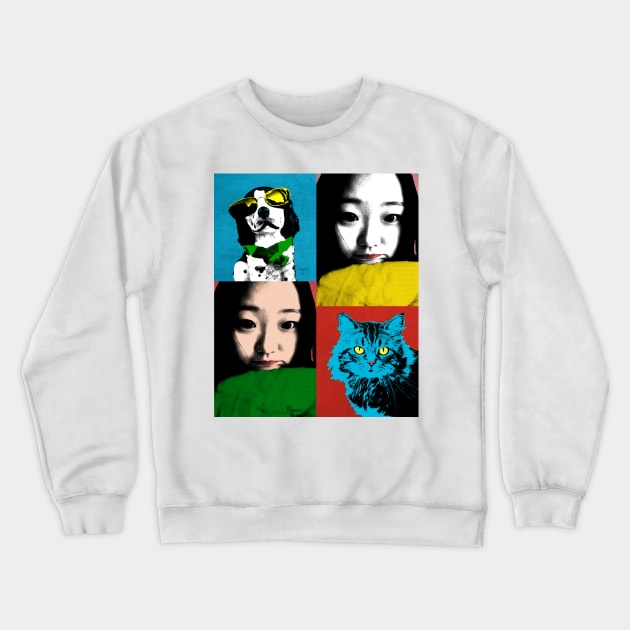 BEAUTIFUL FUNNY ASIAN GIRL, CAT AND DOG POP ART COLOR Crewneck Sweatshirt by NYWA-ART-PROJECT